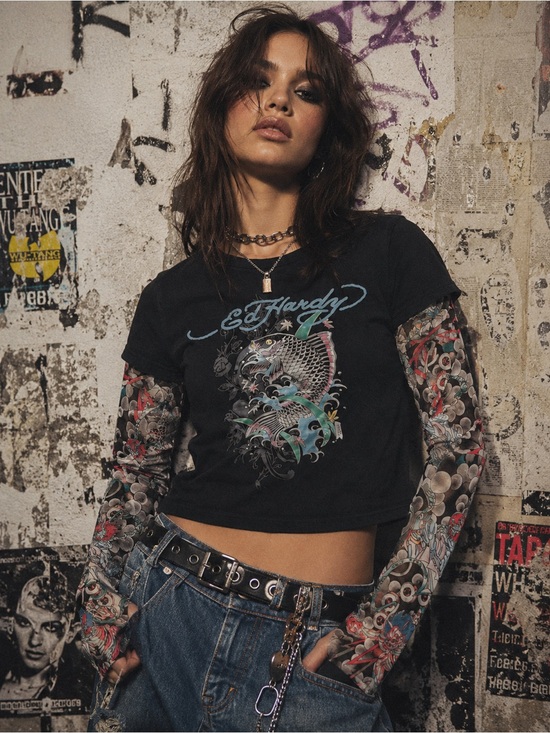 Ed Hardy Tops - Ed Hardy Grunge Koi Fish Tattoo Y2K Black Crop Tee with mesh sleeves